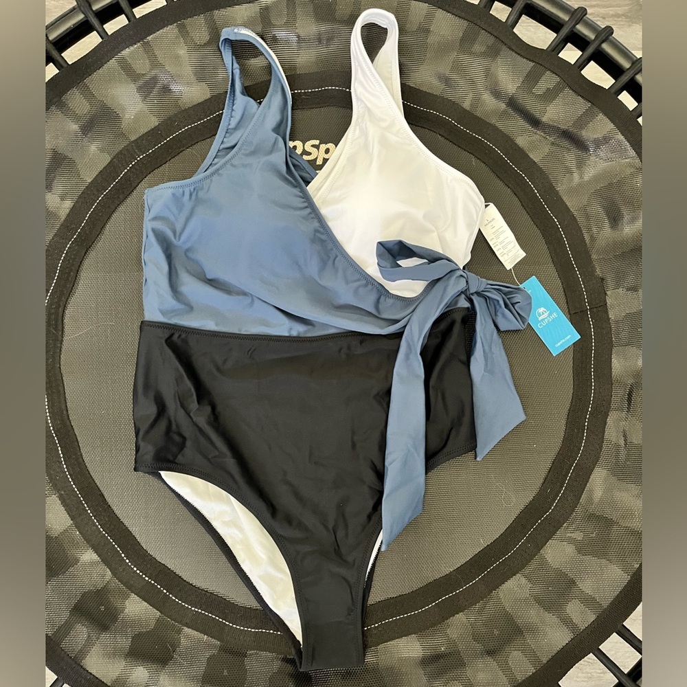 Blue and White One-Piece Swimsuit with Black Bottom from Cupshe